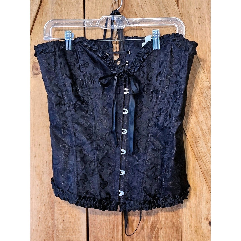Steampunk Damask Corset Women L/XL Black Dark Fairy Jacquard Lace Up Top #709